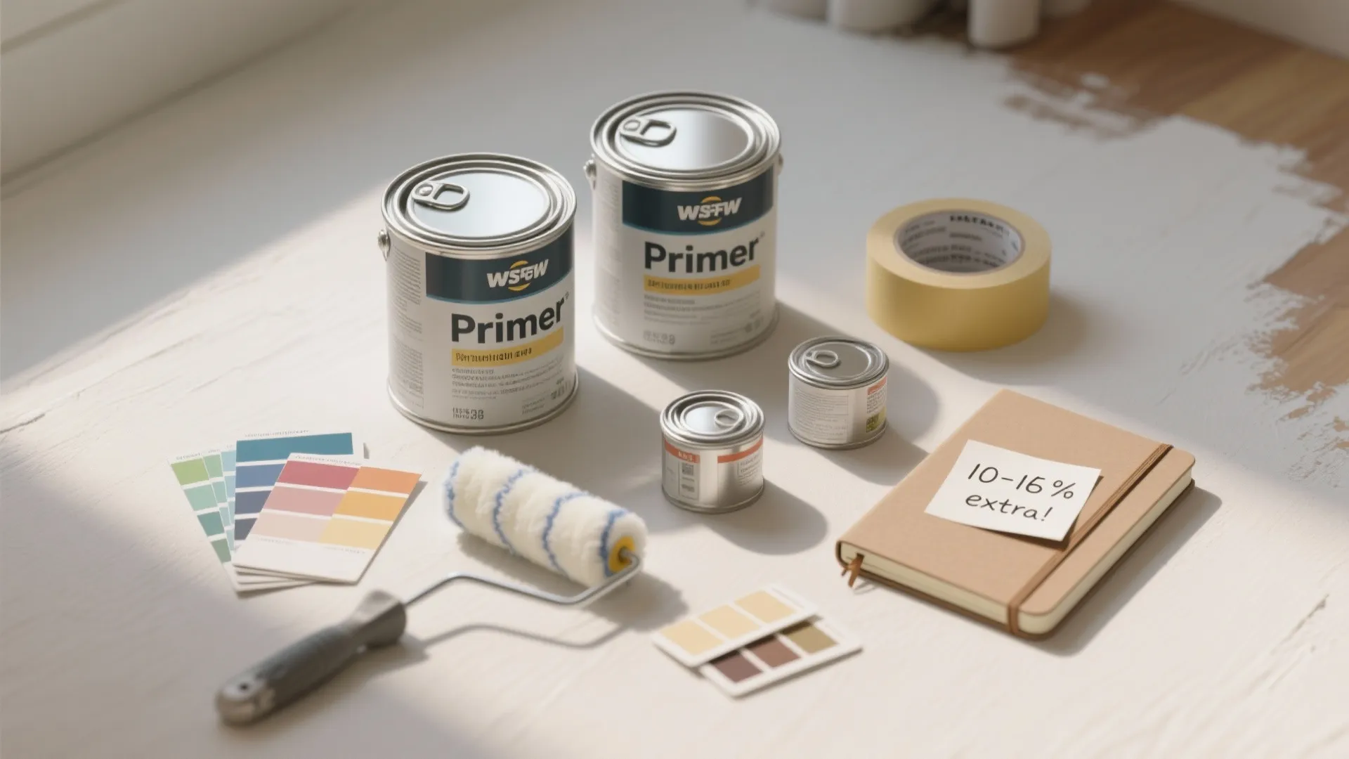 Flatlay of paint cans, primer, tape, swatches and a notebook with budgeting notes showing shopping and storage tips.