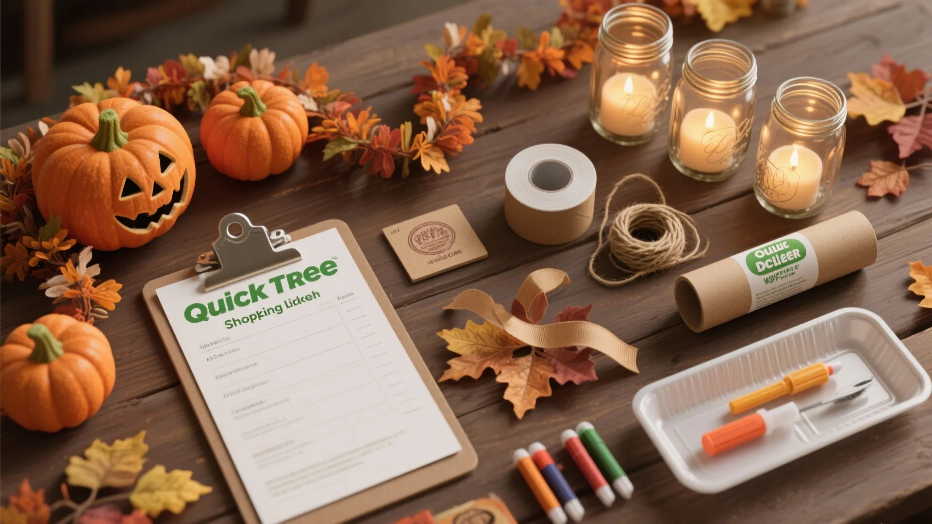 Flatlay of Dollar Tree shopping list items for Thanksgiving DIY: garland, pumpkins, mason jars, LED lights, kraft paper and ribbons.