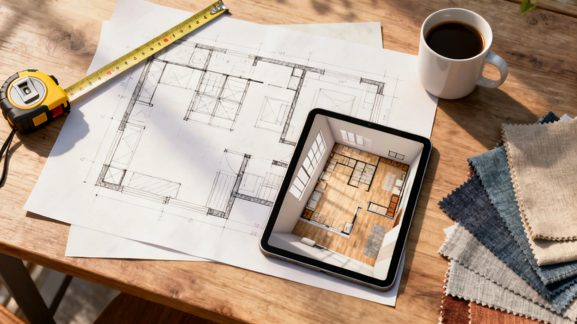 Top-down view of a layout sketch, tape measure, fabric swatches and a tablet showing a 3D planner.