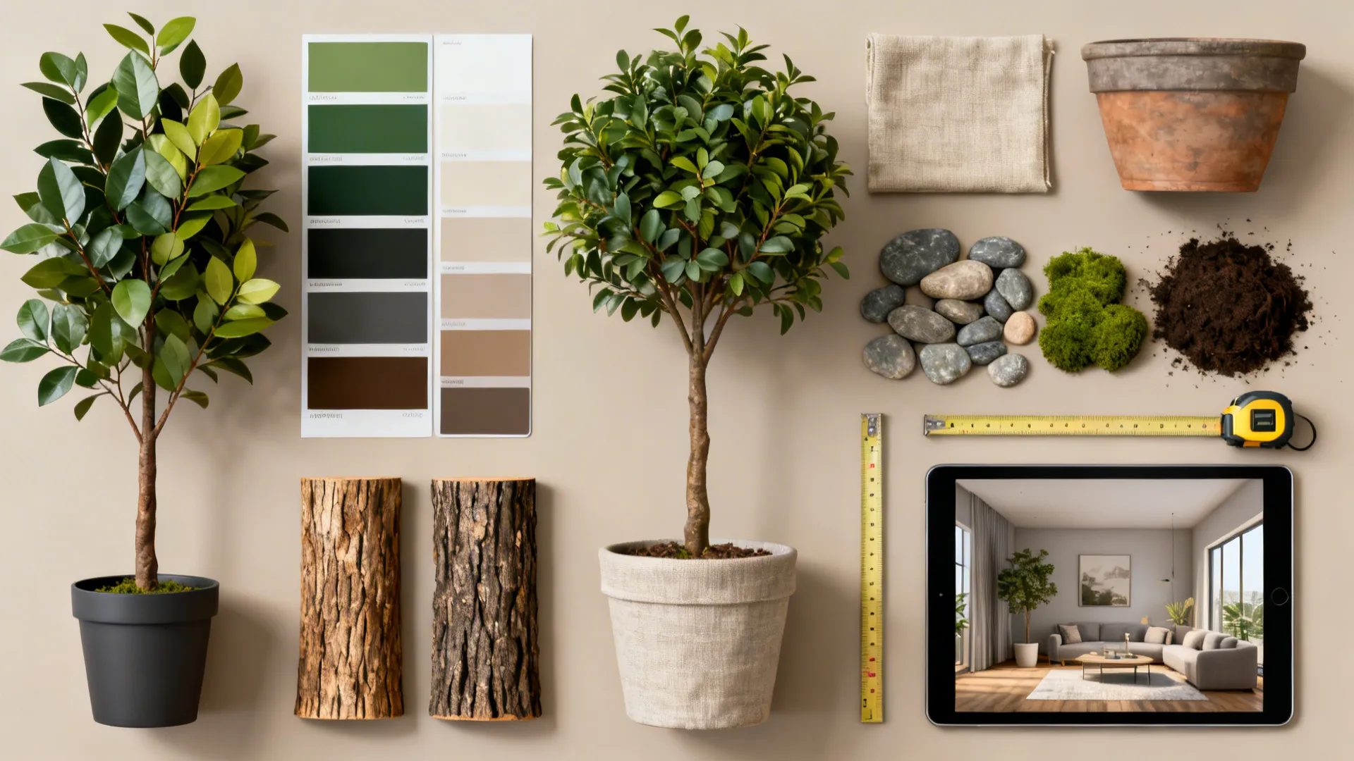 Flatlay of leaf swatches, trunk samples, planters, stones and a tablet with a room mockup