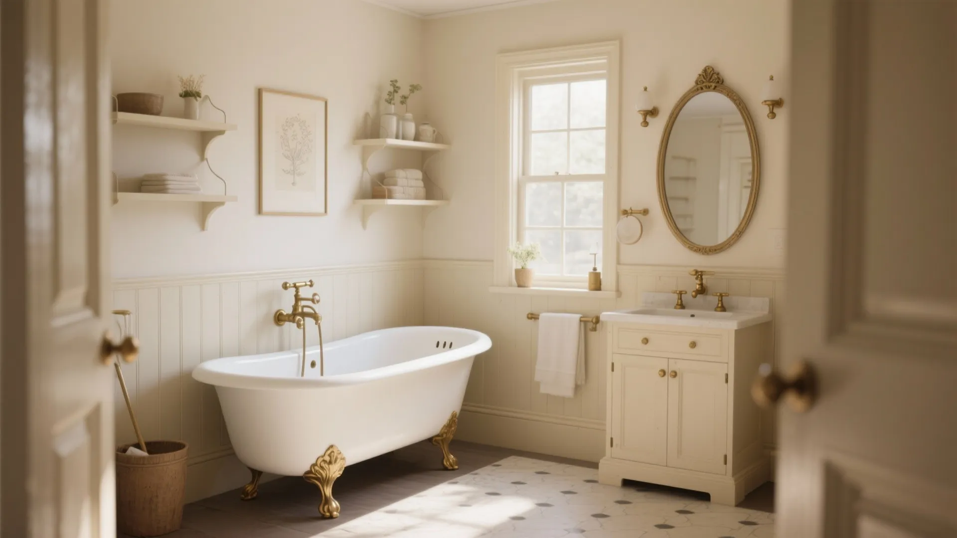 Vintage bathroom with white bathtub gold feet cream cabinet oval mirror wall shelves and large window