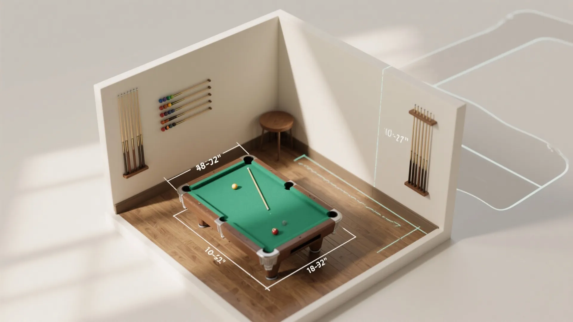 Interior design drawing of a pool room showing table dimensions and clearance for cue sticks