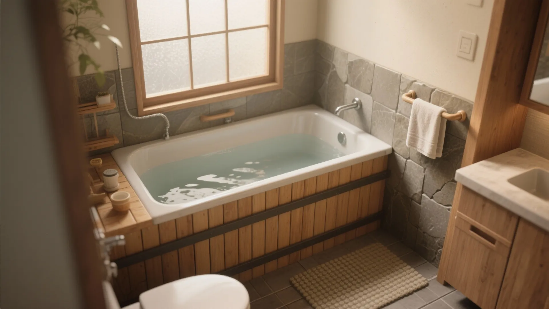 Japanese style bathroom with wood panel bathtub, stone walls, frosted windows, and a warm atmosphere