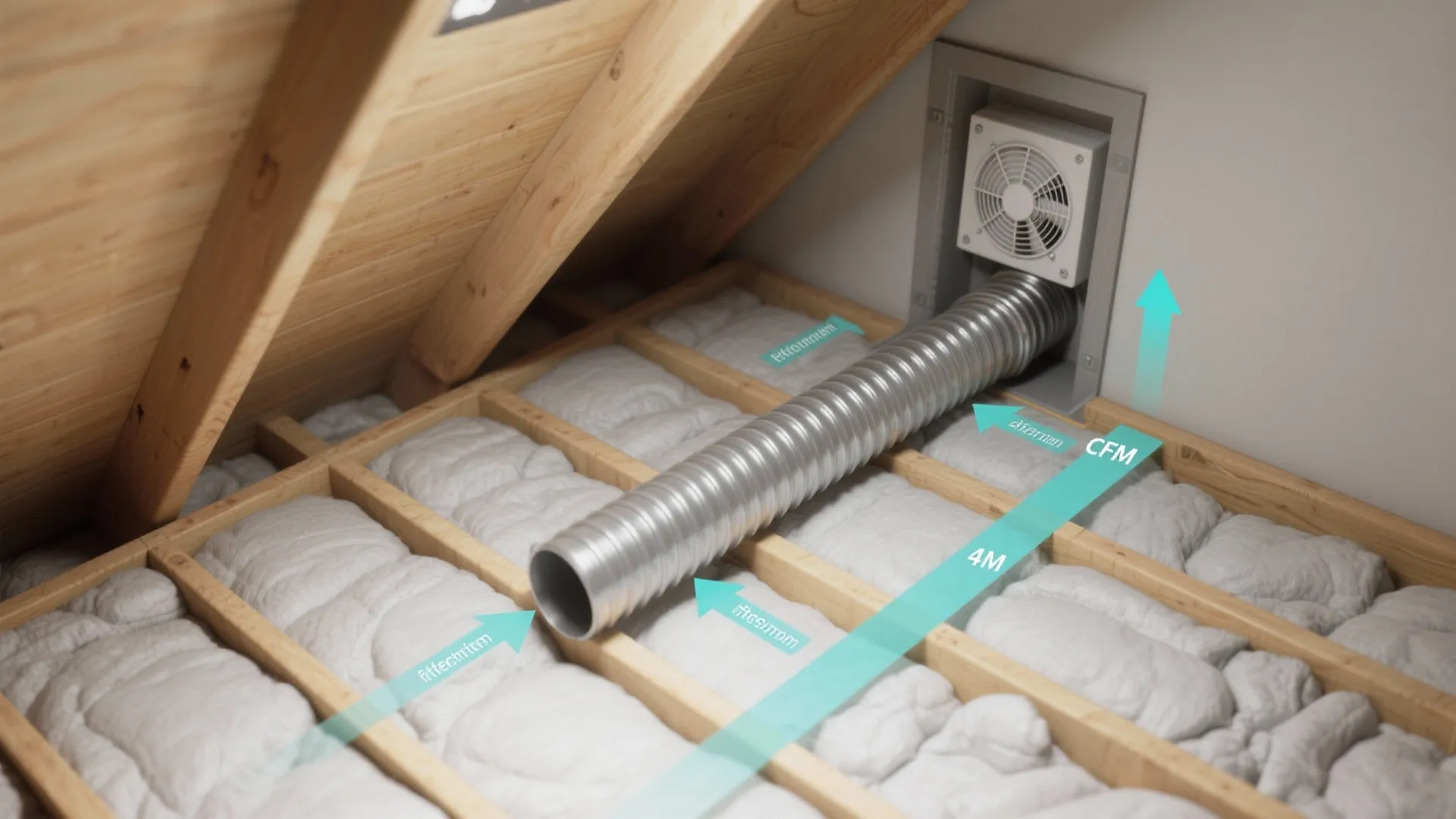 Silver air pipe in attic floor with insulation and arrows showing air flow and length