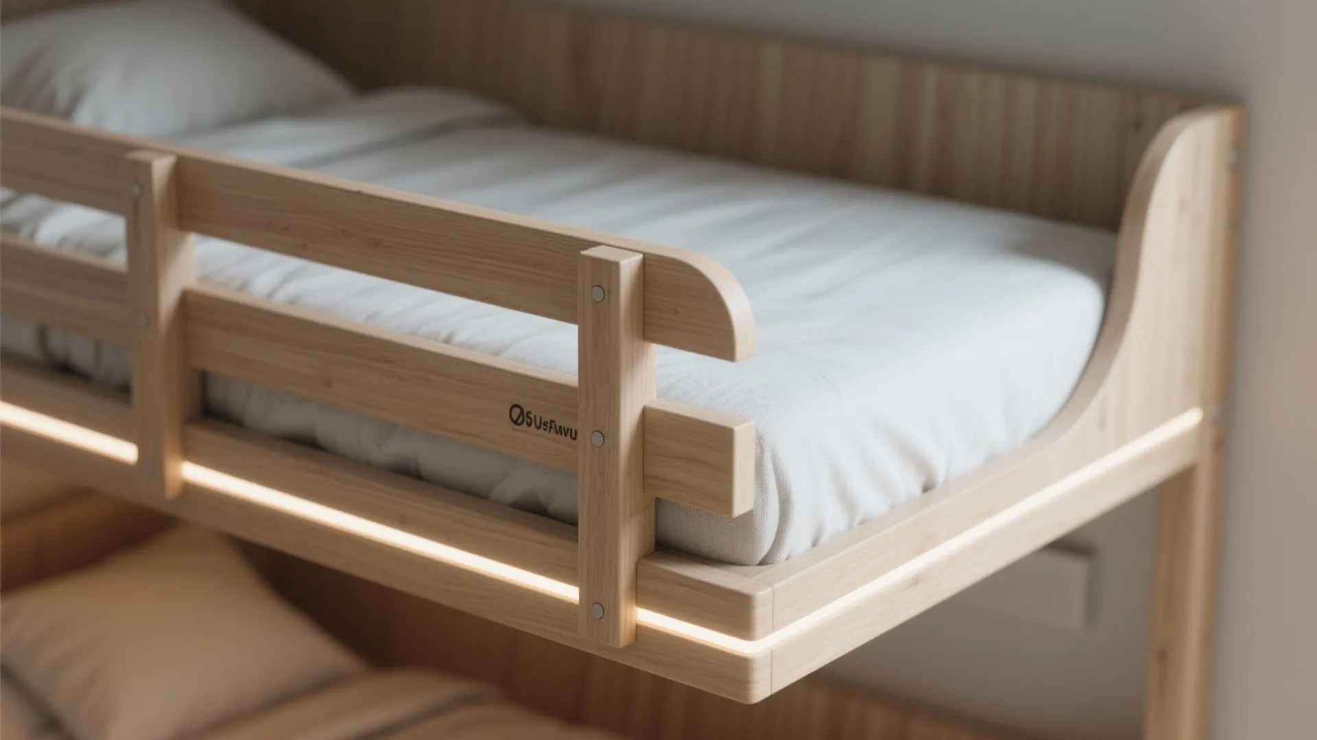 Close up of wooden bunk bed frame featuring built in light strip and white soft mattress