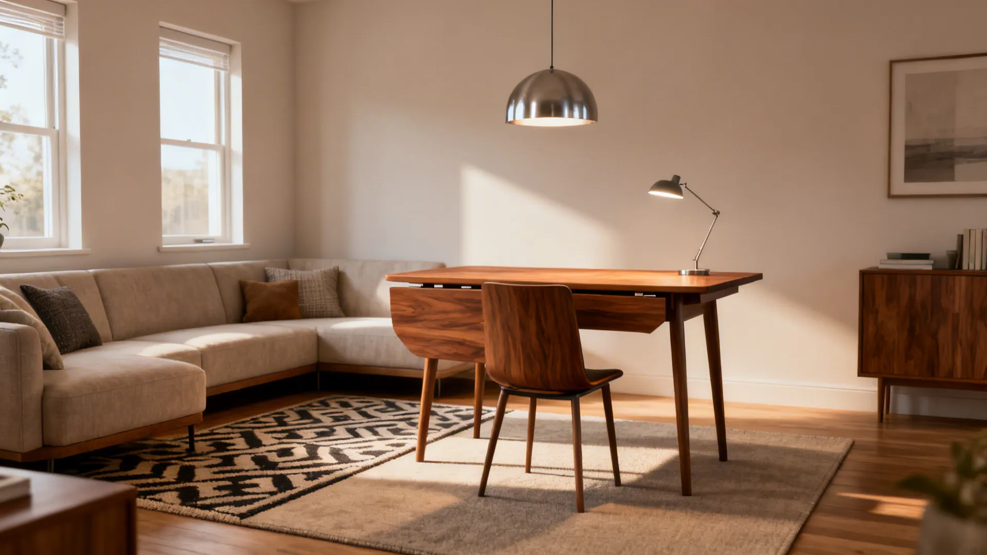 Short leg used as a compact dining or workspace with drop-leaf table and pendant lighting.
