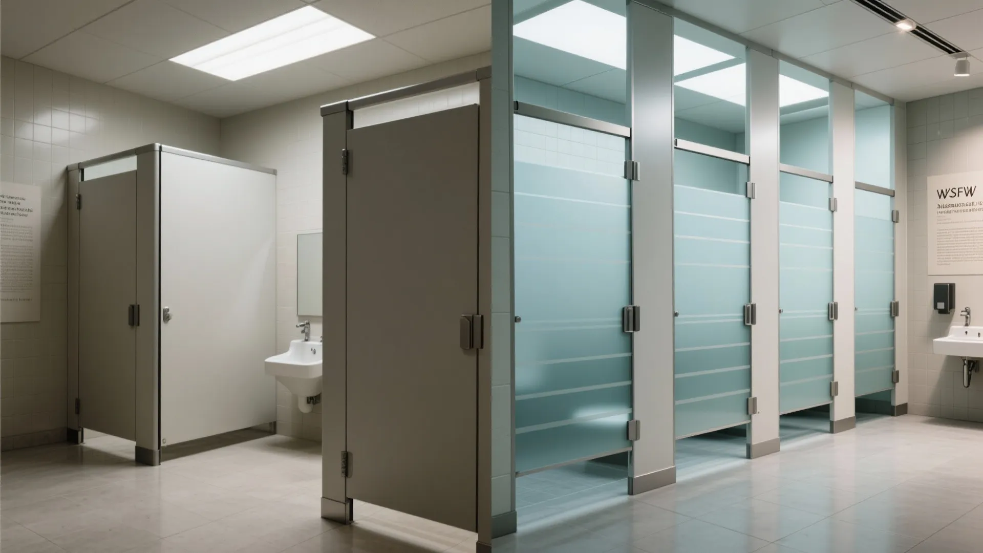 Before and after comparison showing solid white bathroom stalls next to modern blue glass divider panels