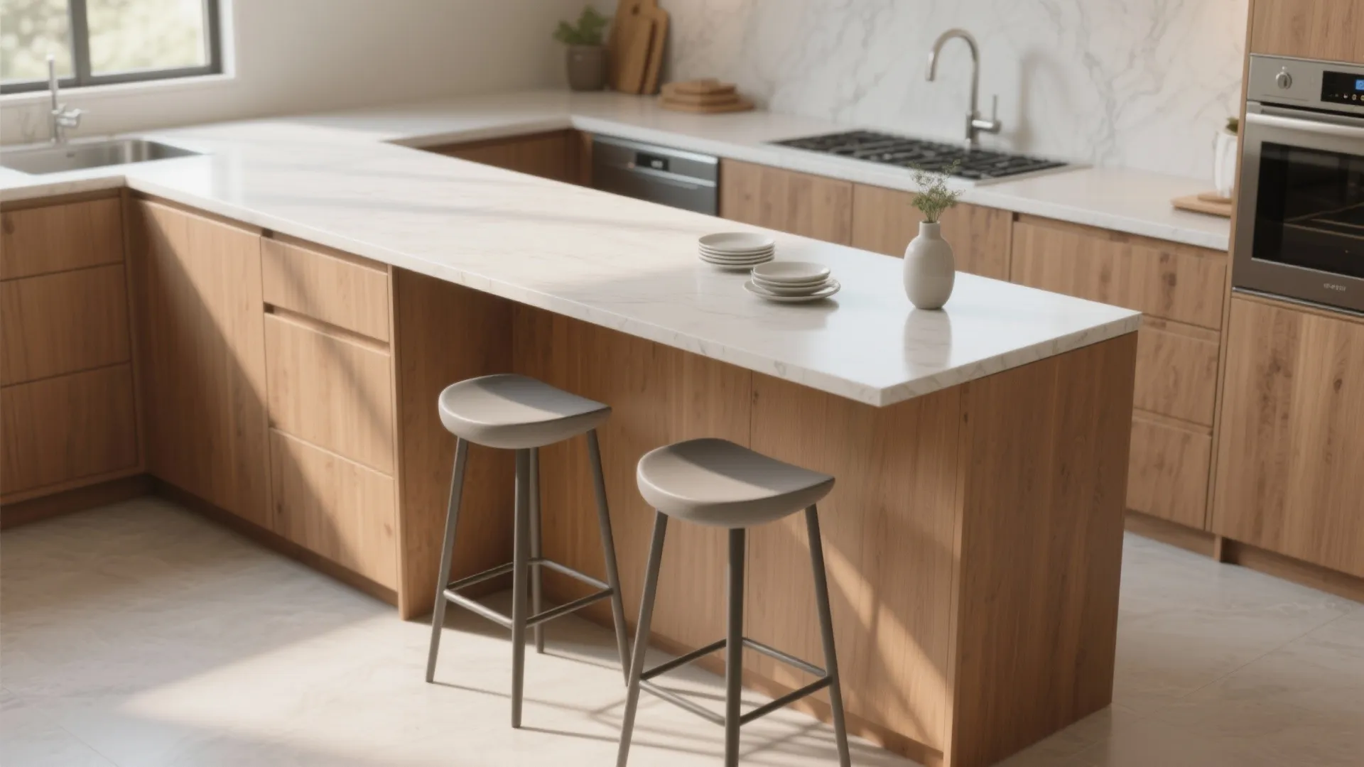 Modern kitchen with wooden cabinets white marble countertop two bar stools sink oven and natural light