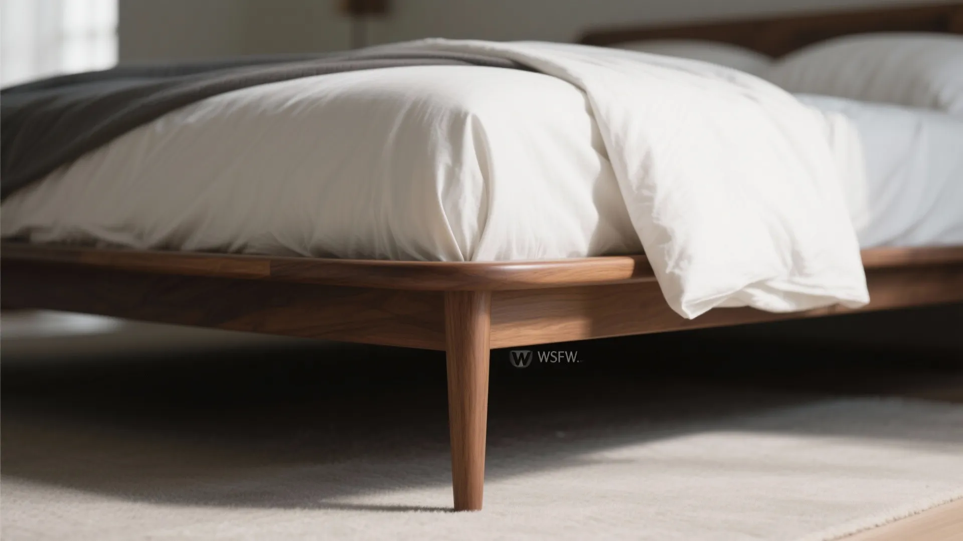 Macro of slender-frame short queen with rounded corner and slim legs, warm oak and white linen texture.