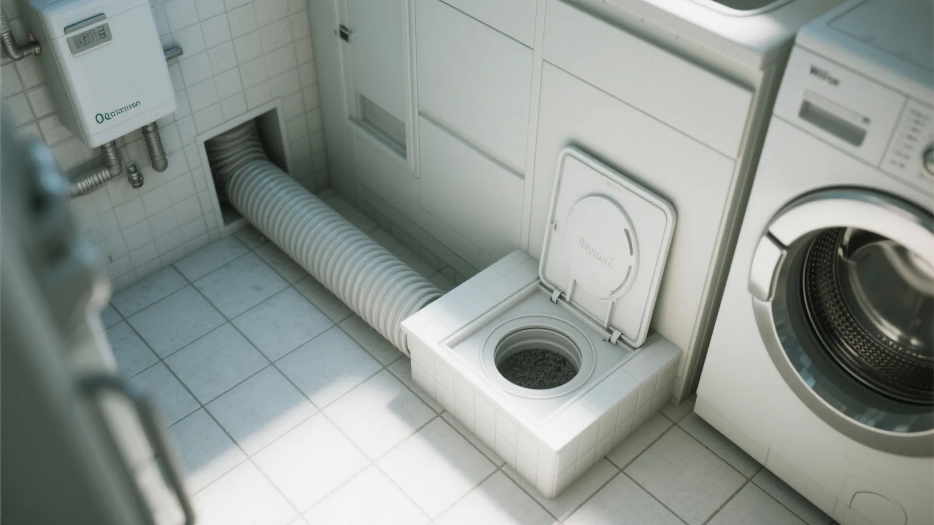 Laundry room with white washing machine and flexible pipe connected to a tiled floor drain