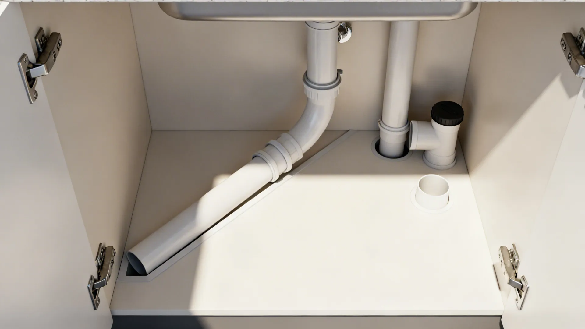 Top-down view of a short sloped trap arm with a cleanout tee inside a kitchen cabinet.