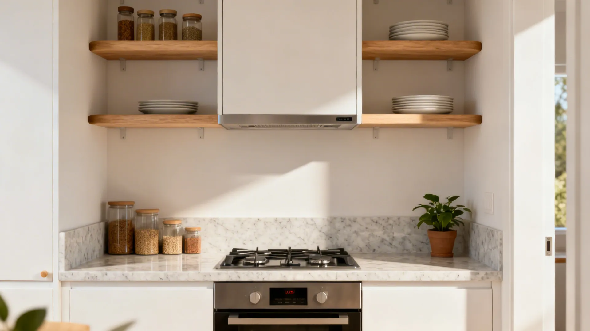 Modern kitchen stove with marble wall piece wooden shelves white cabinets and small green plant
