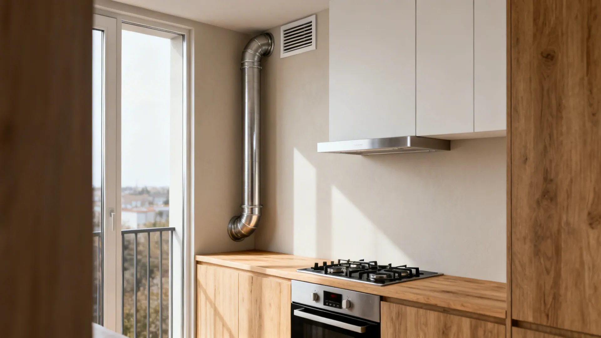 Small kitchen with cooktop on exterior wall and a short straight duct run to the outside.
