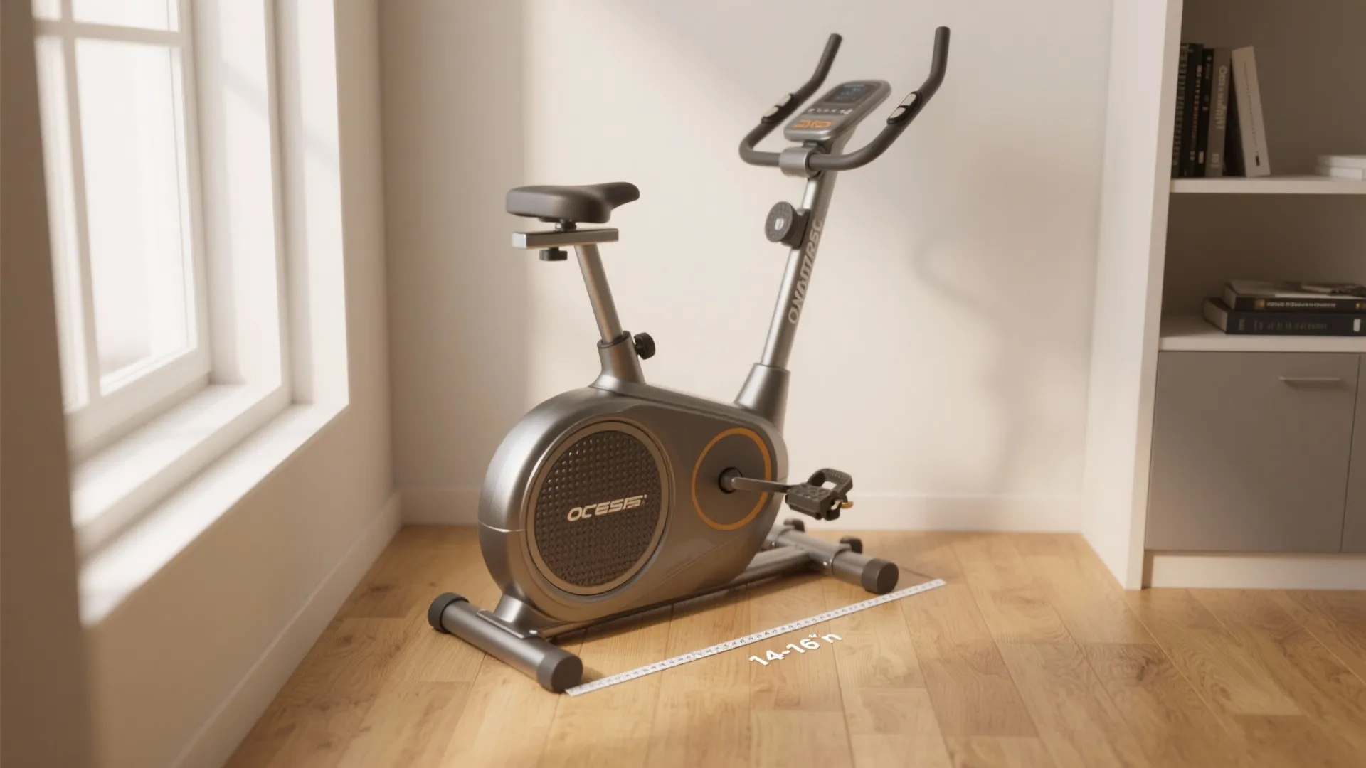 Stationary exercise bike on wood floor with measuring tape showing length of the short stride