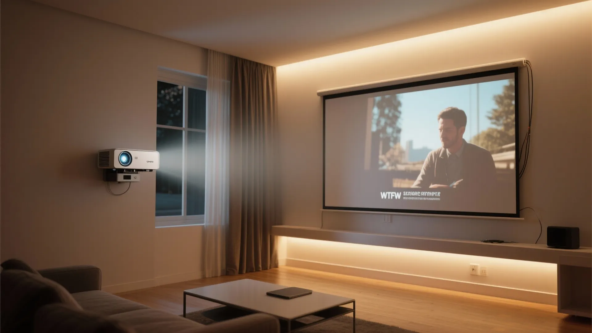 Living room home theater featuring wall mounted projector showing movie on large screen with lighting