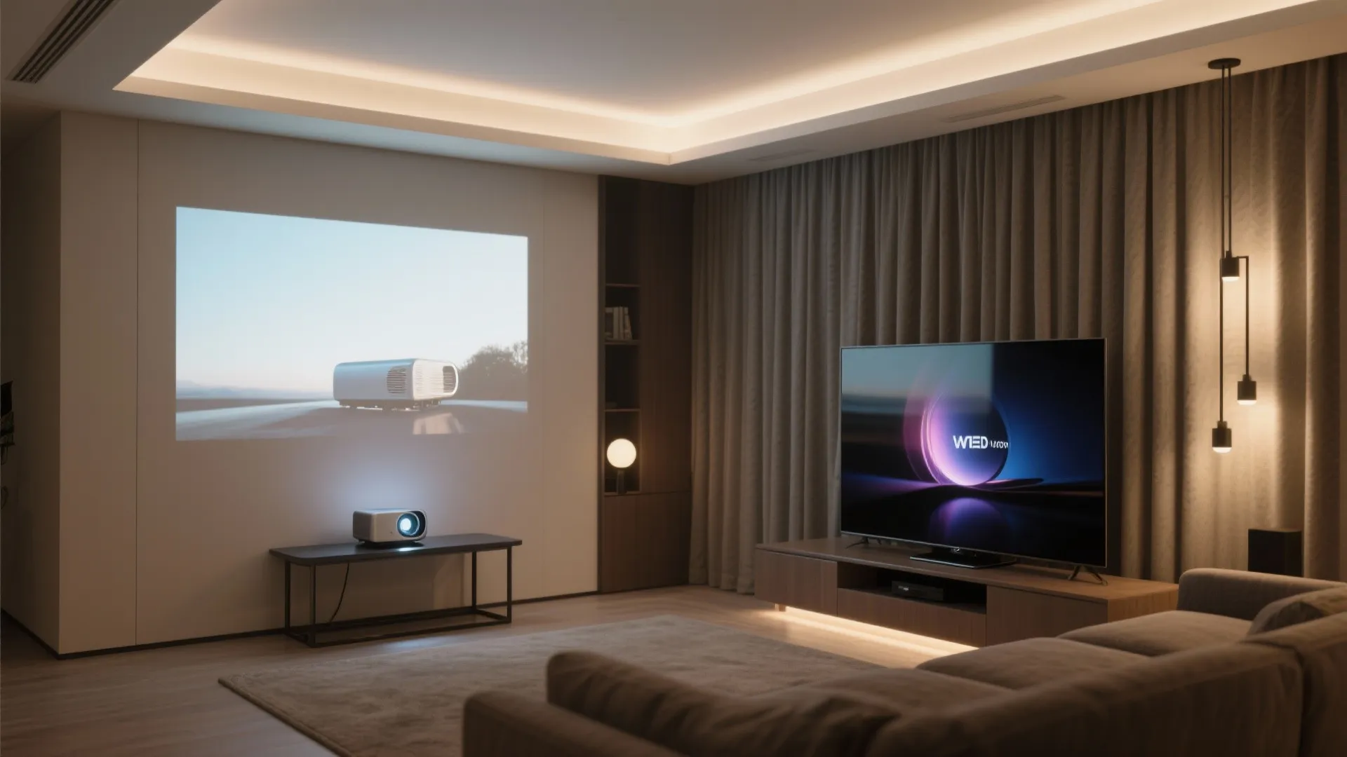 Living room interior design with projector showing image on wall and television on wooden cabinet