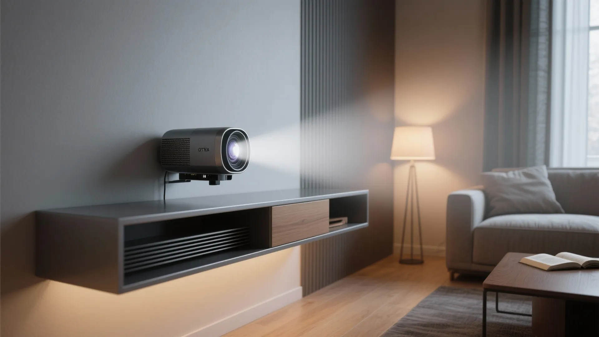 2. Short-throw projector on a floating shelf