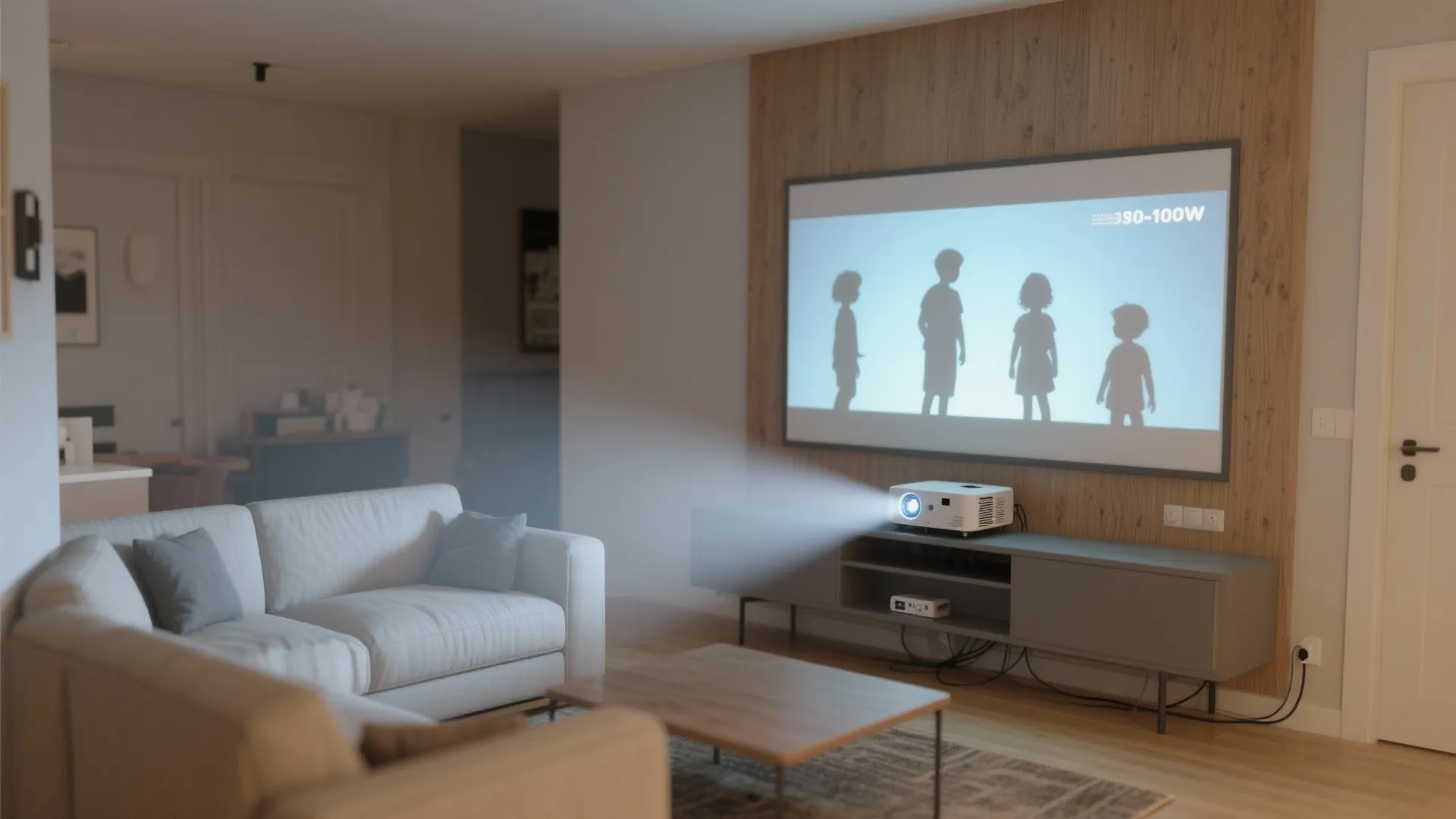 Projector on a grey cabinet showing movie on large screen in living room with sofa
