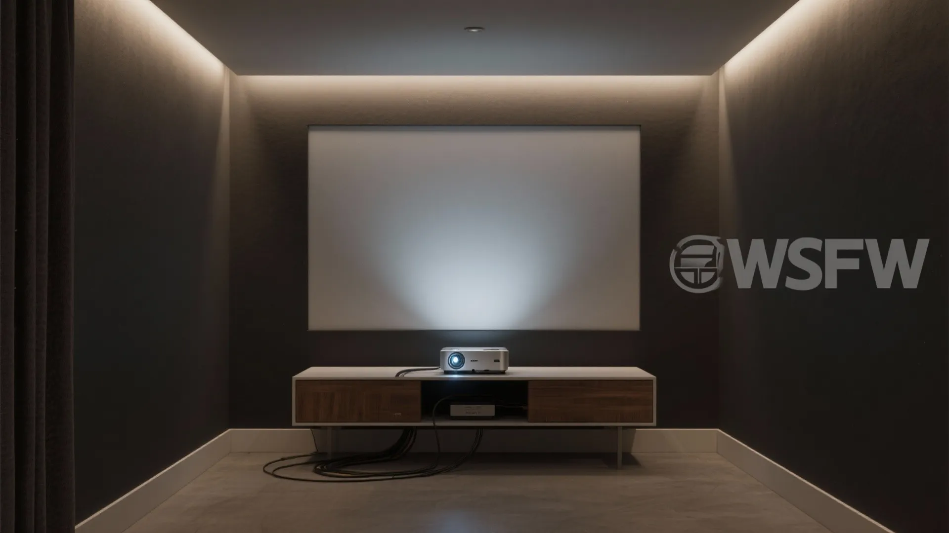 Projector on a white and wood cabinet showing a bright light onto a large screen