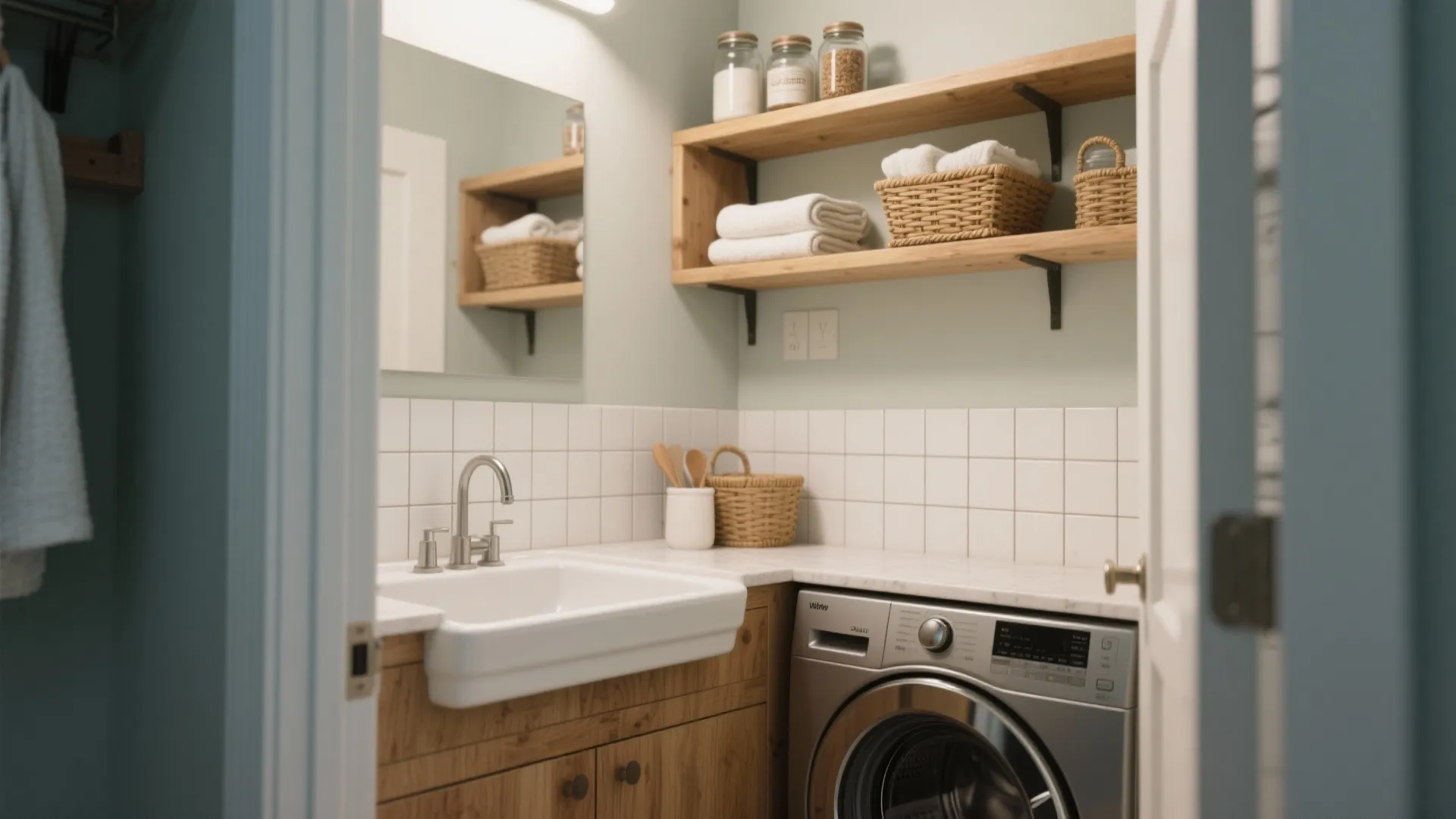 5. Short Tiled Splash with Open Shelving