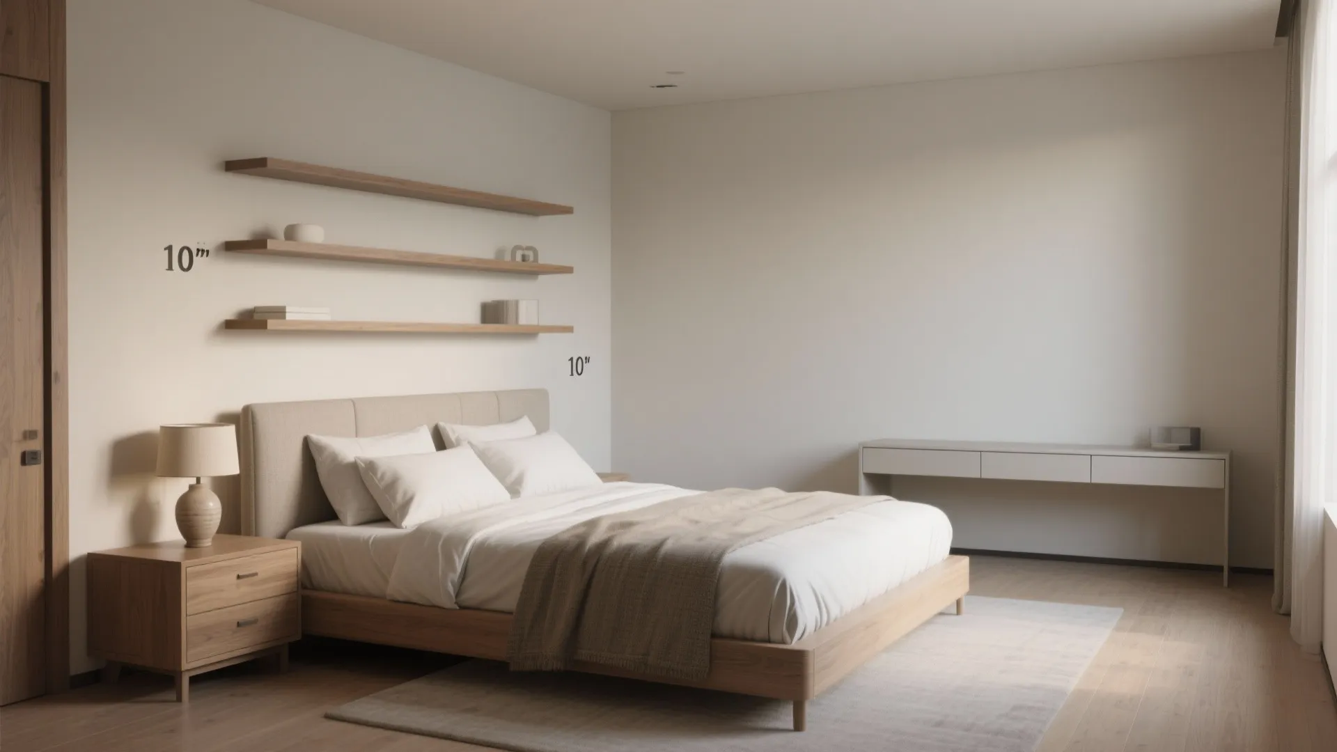 2. Bed on the short wall with floating shelves and a narrow dresser