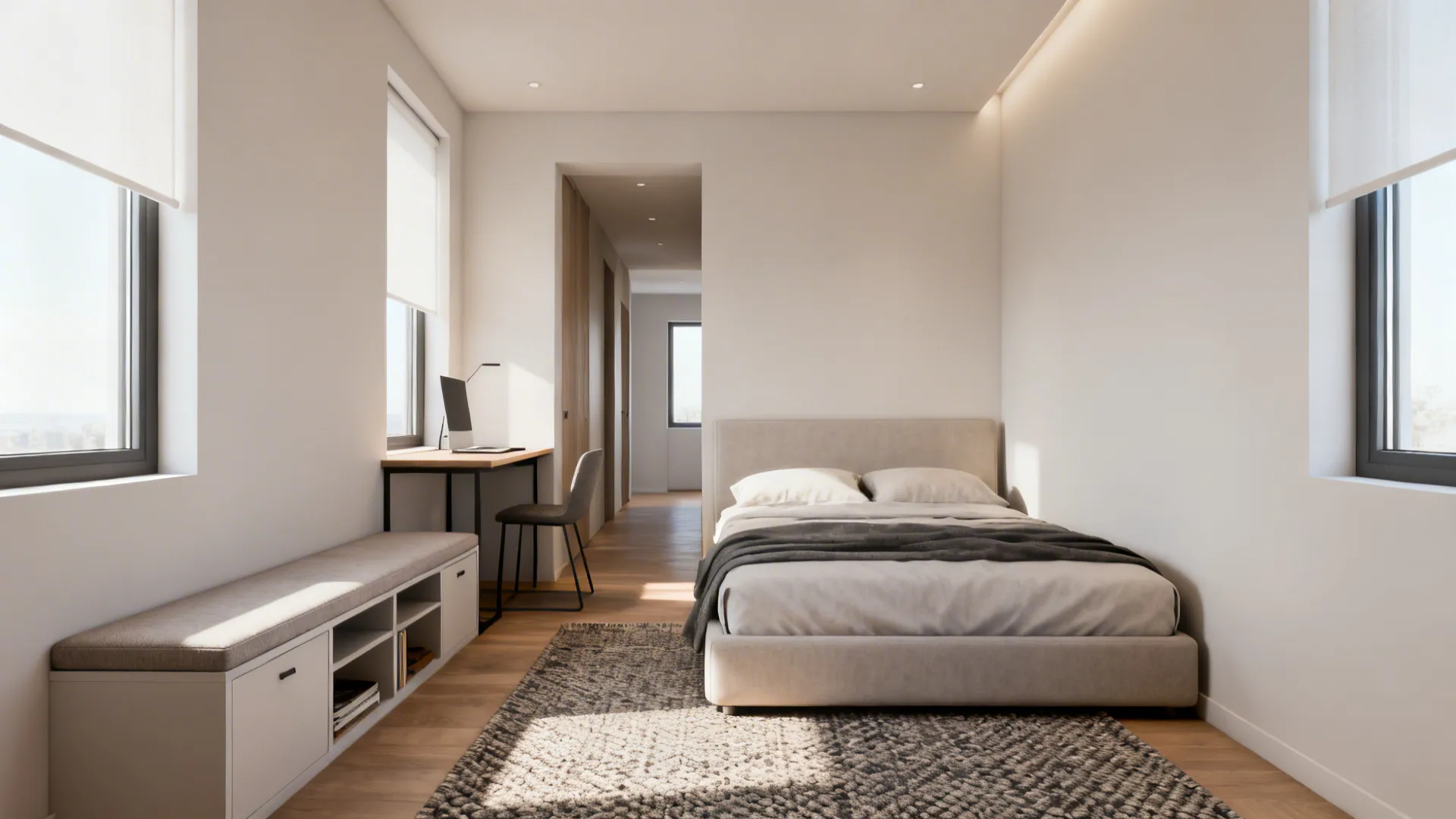 Bed against the short wall with a slim bench and desk along the side creating a seating zone.