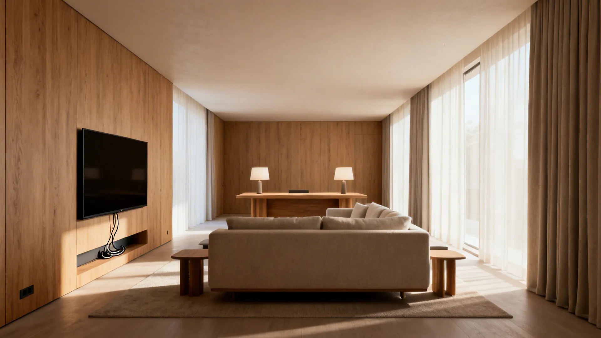Modern room with wood wall panel tv sofa rug desk two table lamps and curtains