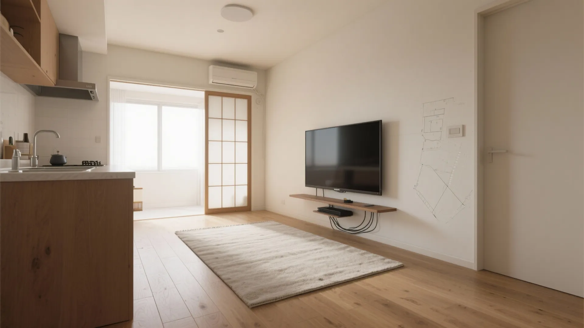 Tips 1: キッチン動線を妨げない“短辺壁”にテレビを寄せる（東京小户型×动线规划）