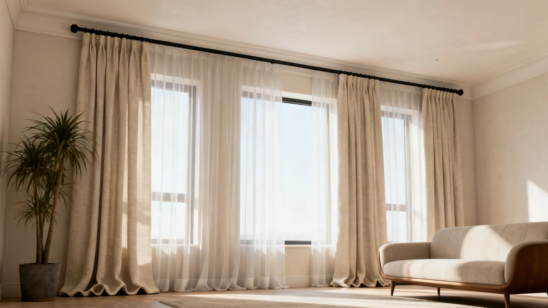 Bright living room with beige curtains on windows a sofa and a green potted house plant