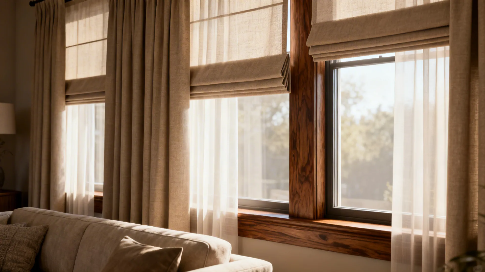 Layered window treatment with short structured panels and longer sheers hung higher