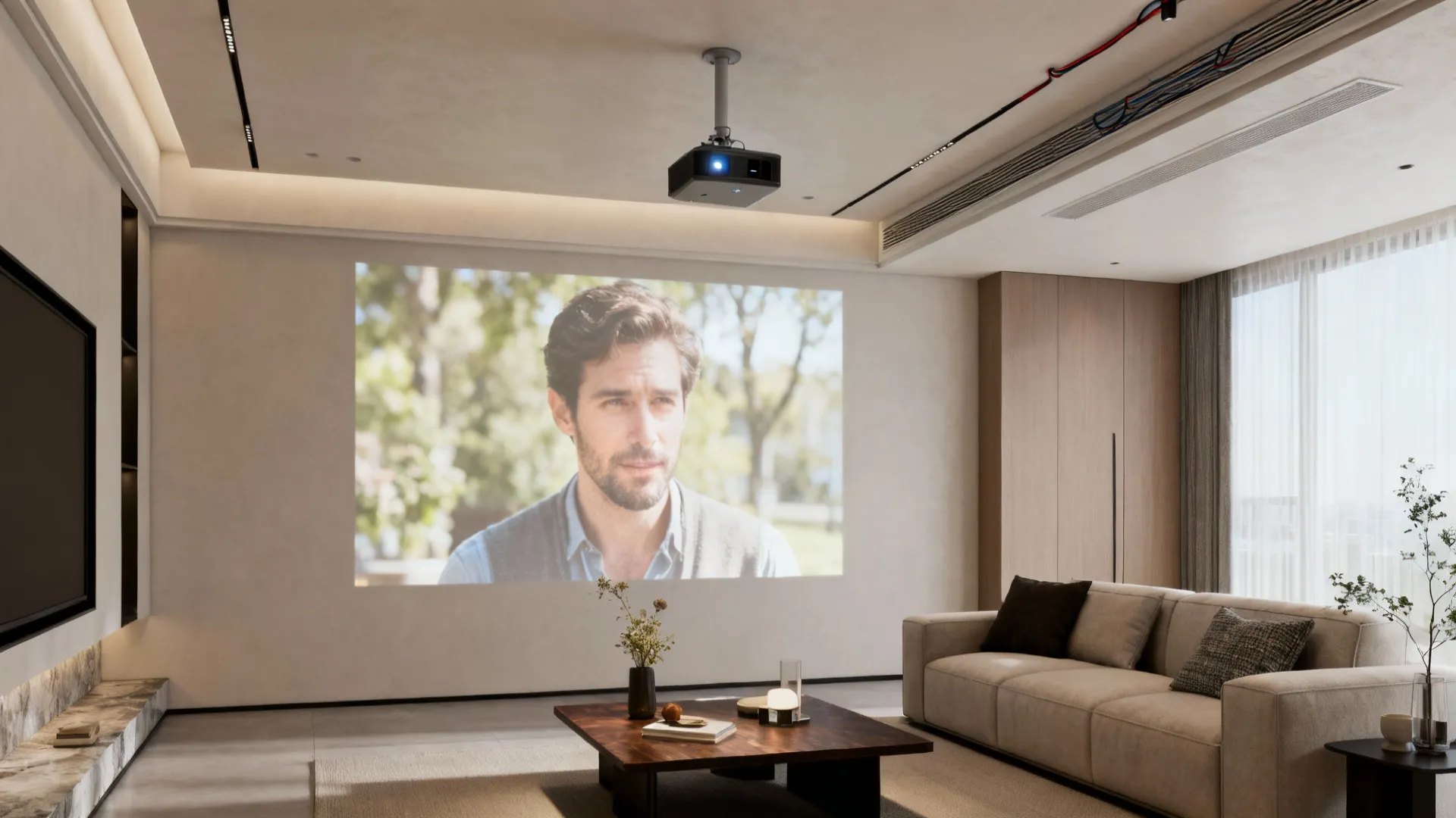 Short-throw projector mounted in the ceiling above a coffee table projecting onto a living room wall