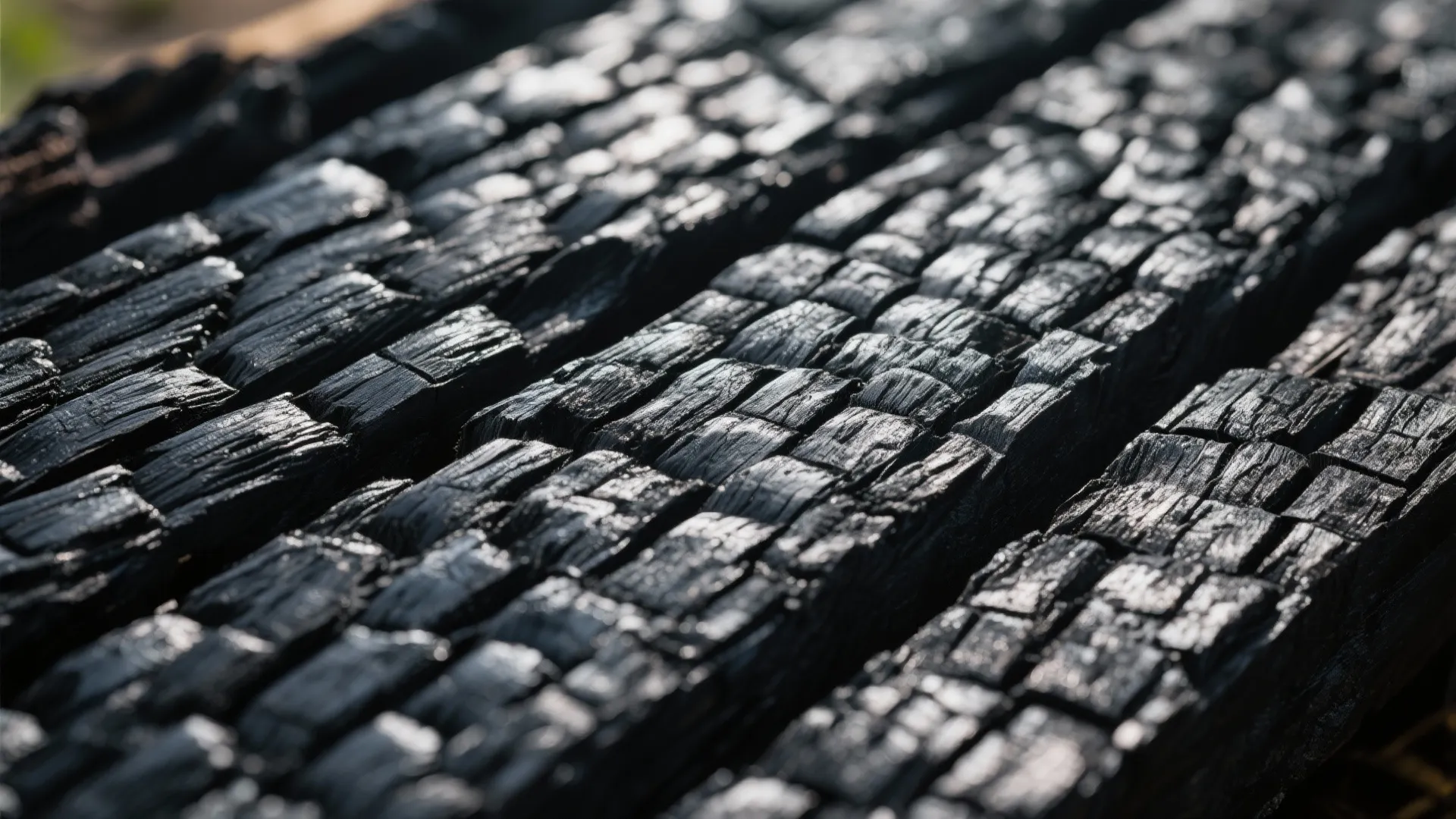 Close up of black burnt wood texture showing detailed patterns for modern outdoor wall panel design