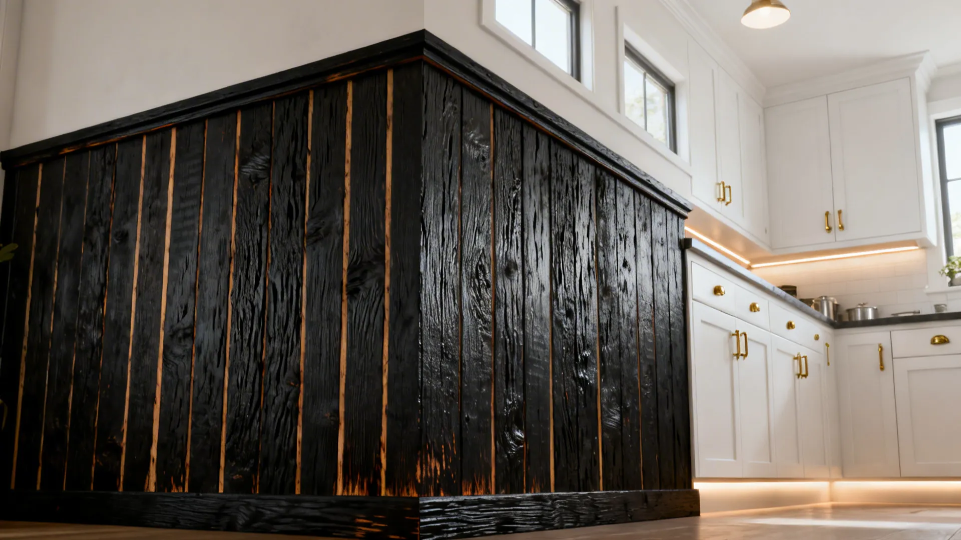 Charred cedar accent bands contrast with white cabinets and brass hardware.