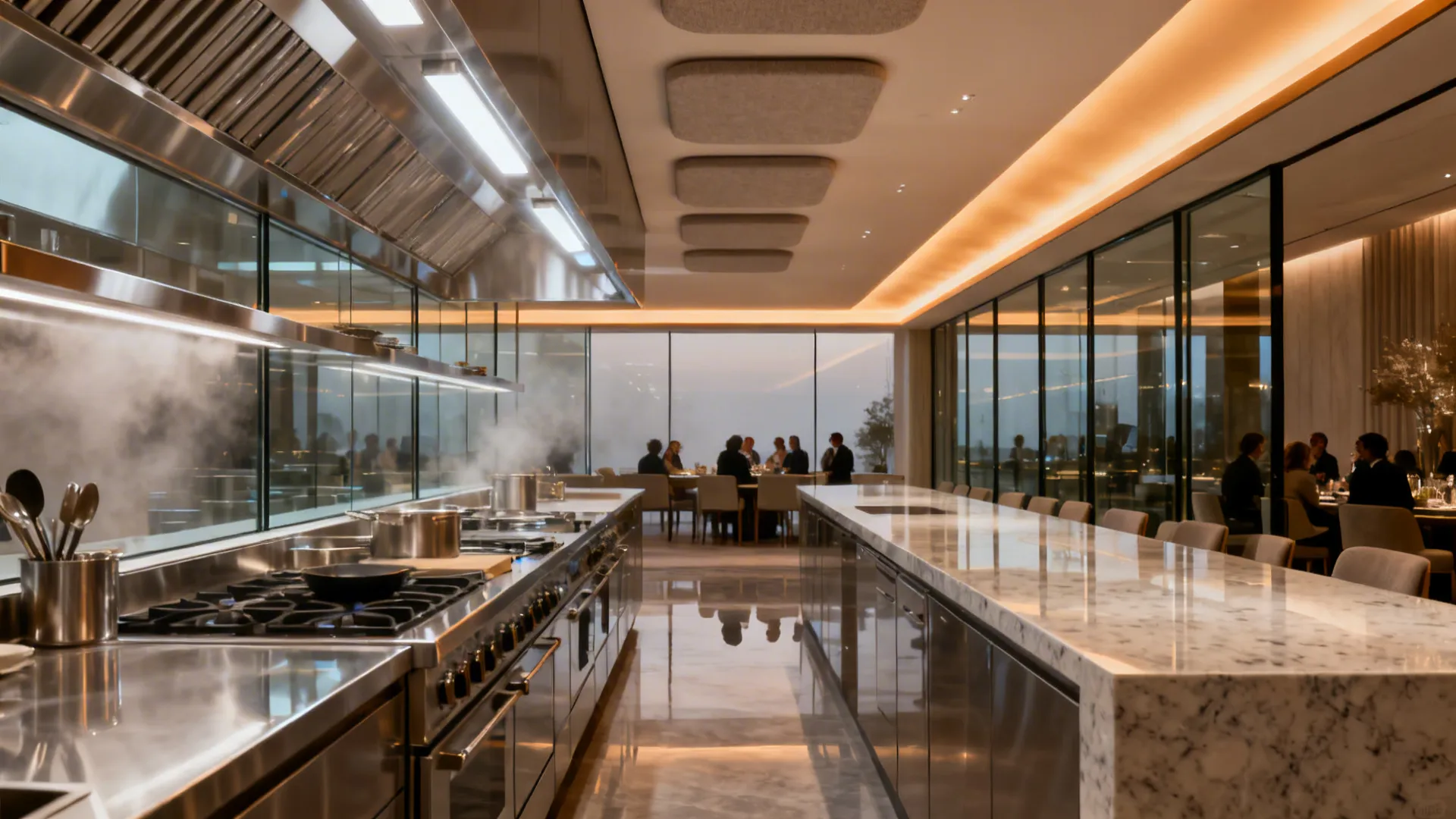 Show-kitchen with chef’s counter, layered lighting, acoustic baffles, and reflective glass panels.