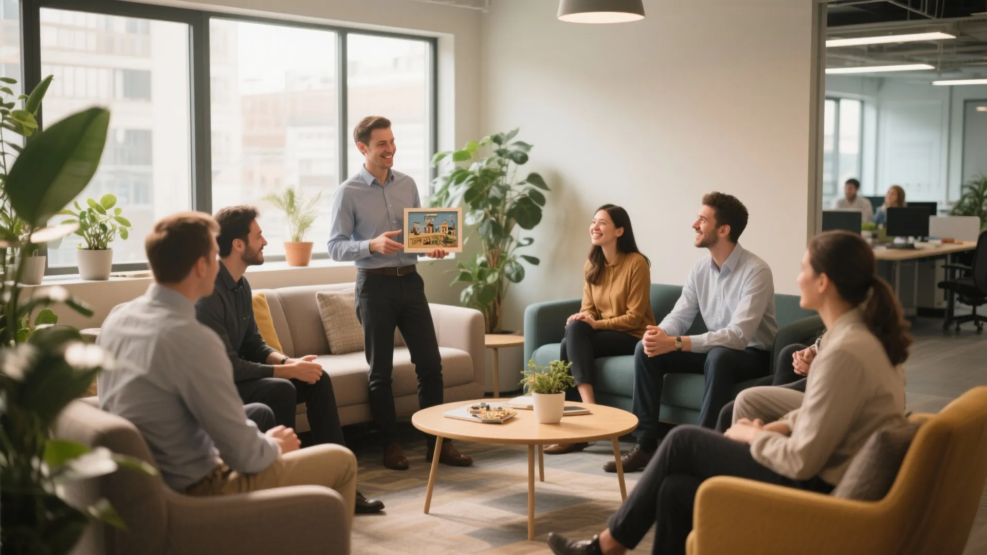 A man showing a small framed picture to a group of people in office lounge