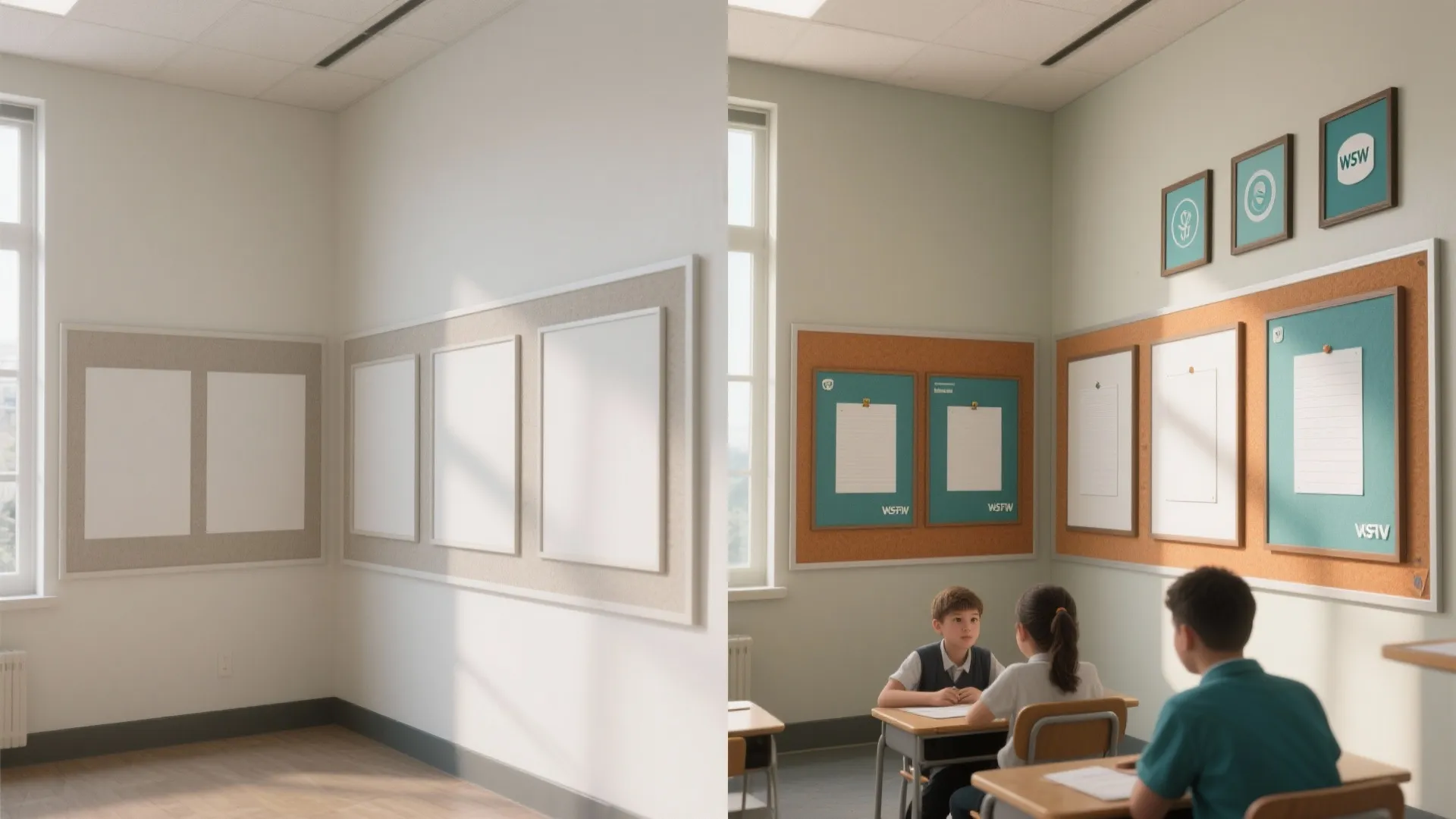 Before and after comparison of empty classroom wall panels versus decorated wall panels with students