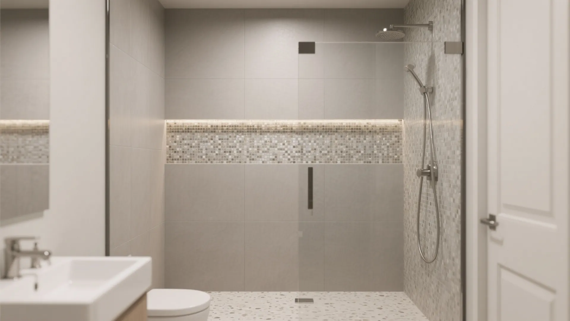 Modern bathroom interior design drawing featuring glass shower door mosaic wall tiles and white sink