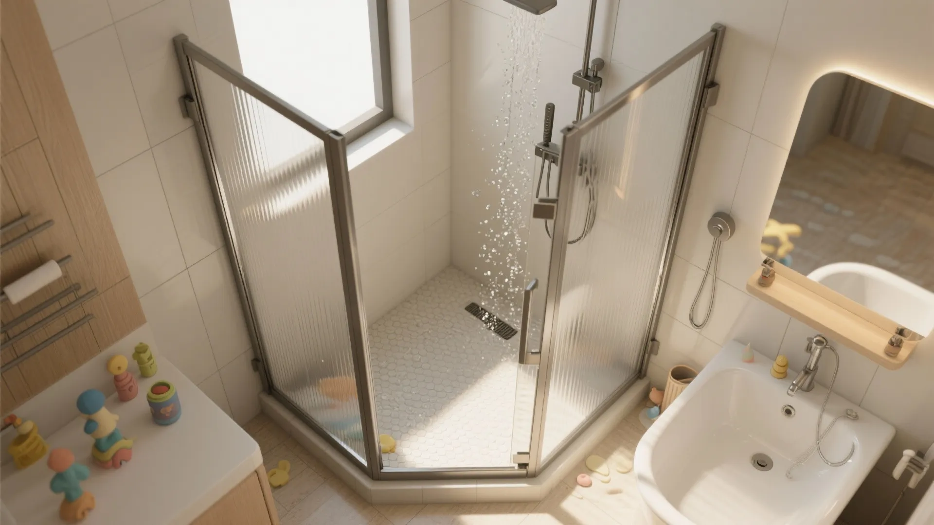 Modern glass shower enclosure with white tiles and a small sink in a compact bathroom