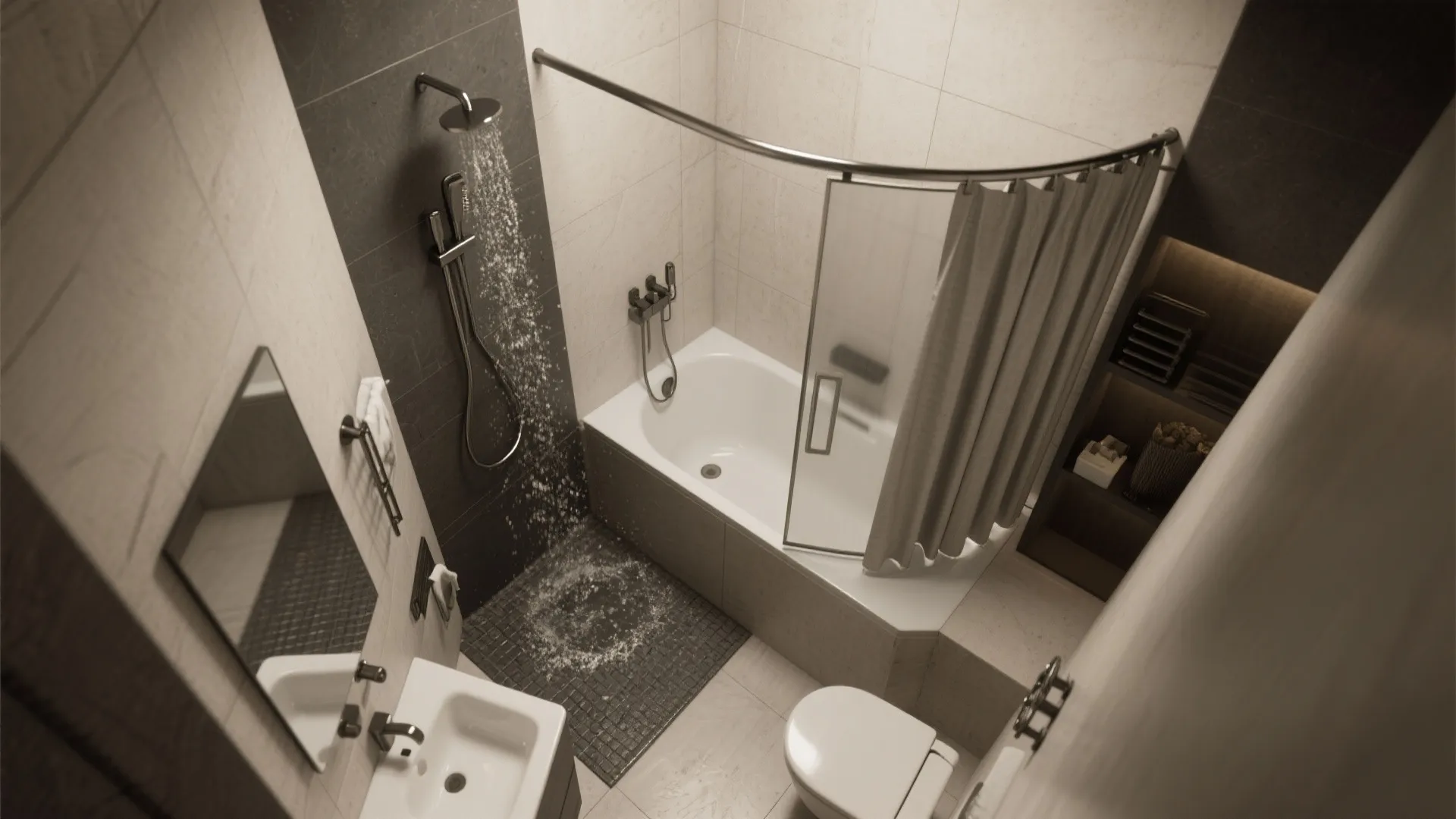 Top-down layout of a combined shower and deeper-basin bathtub in a compact bathroom.