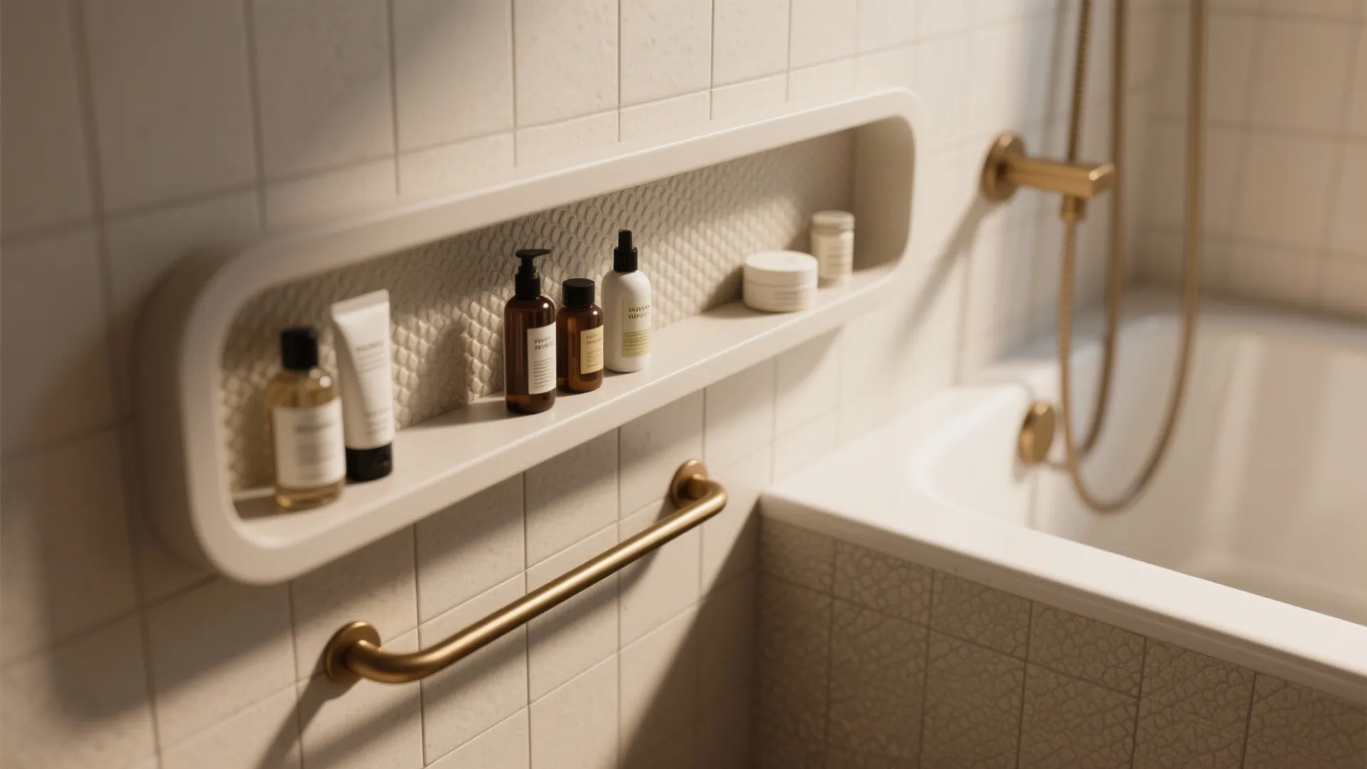3. Shower-bath combo with integrated shelving