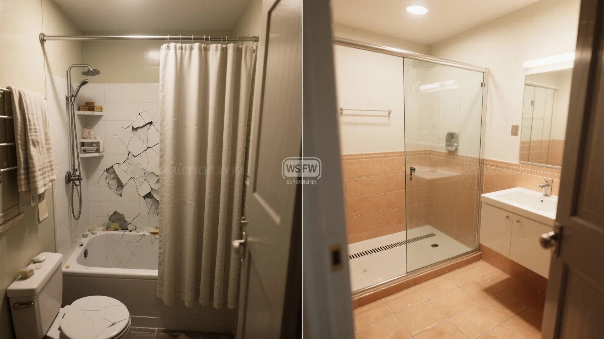 Before with shower curtain versus after with clear glass panel in a small bathroom.