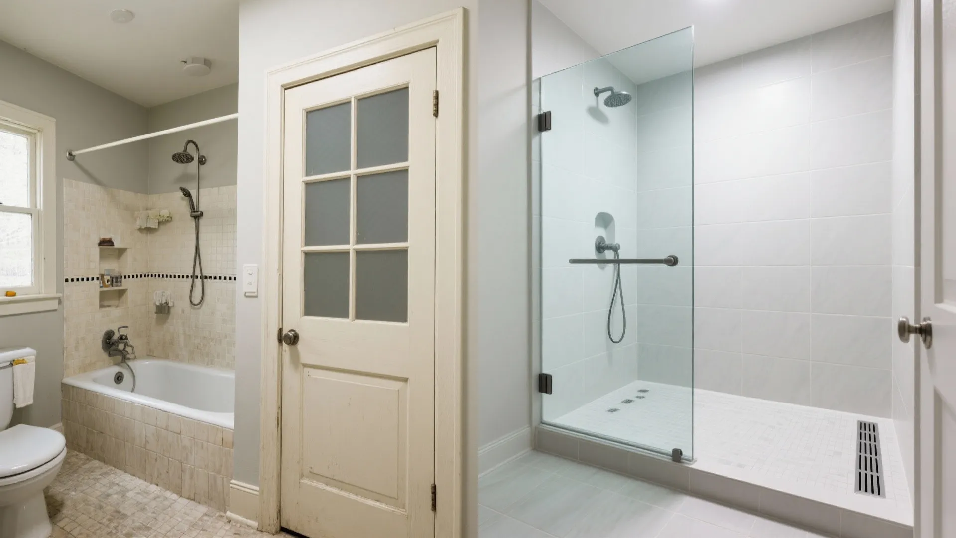 Before and after comparison showing an old bathtub replaced by a modern glass walk-in shower