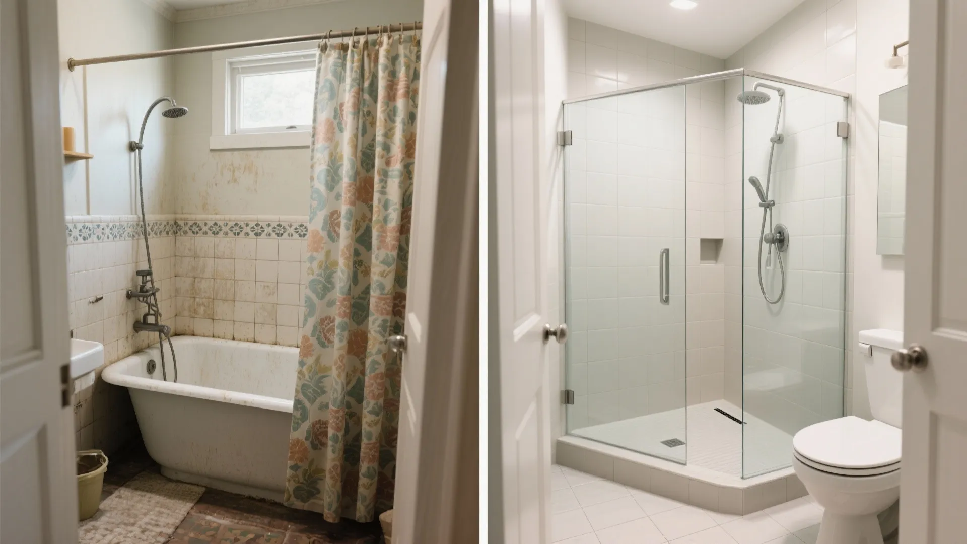 Before and after bathroom remodel showing old bathtub replaced with a modern glass shower enclosure