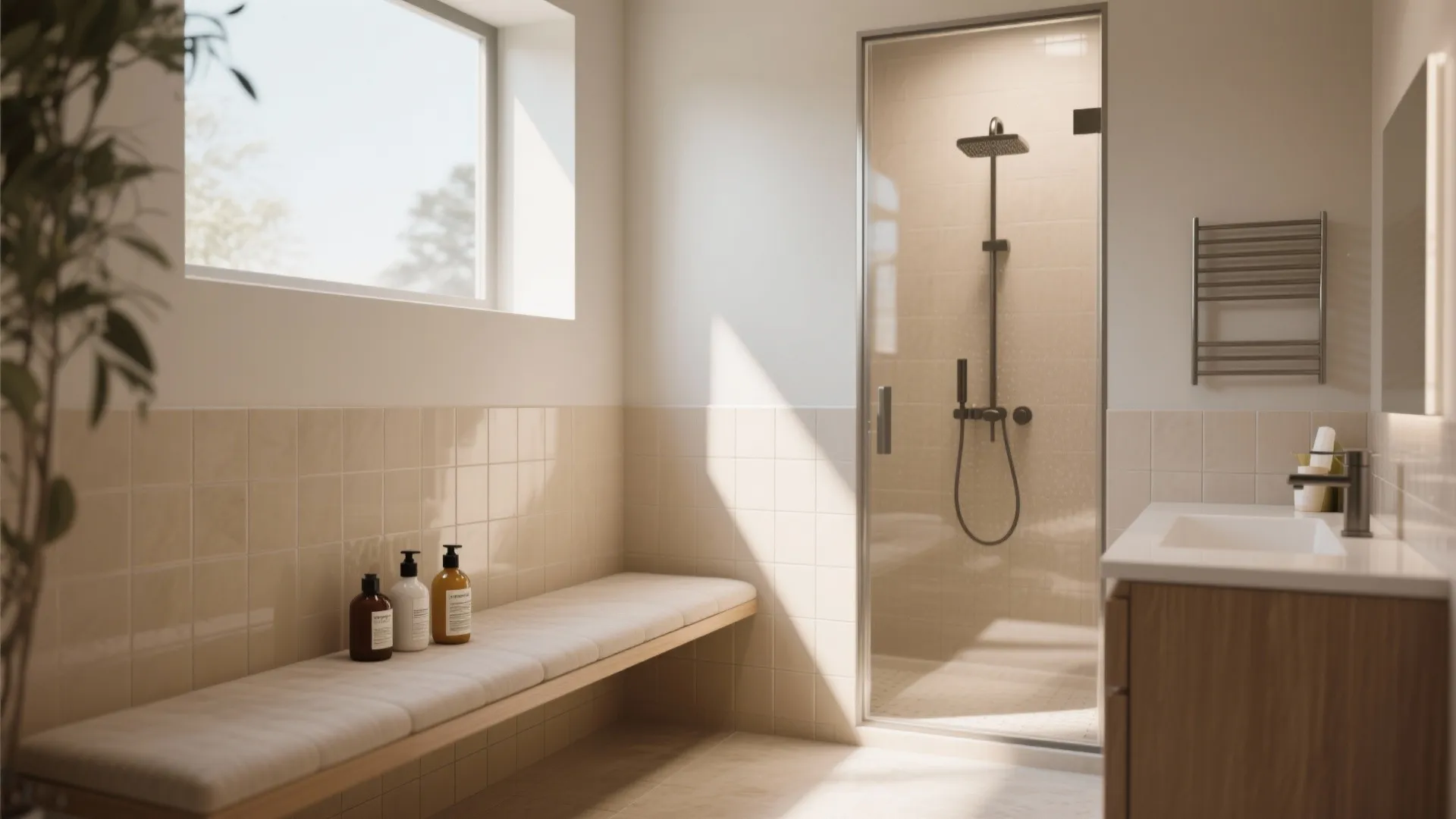 Bright bathroom with a long sitting bench beige wall tiles glass shower door and cabinet