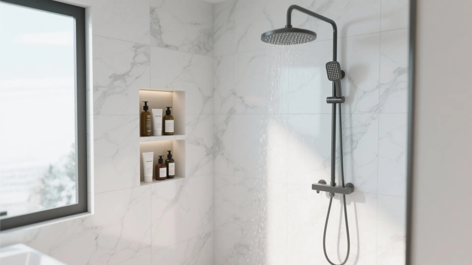 Modern shower area with black faucet white marble tiles window and built-in wall storage niche