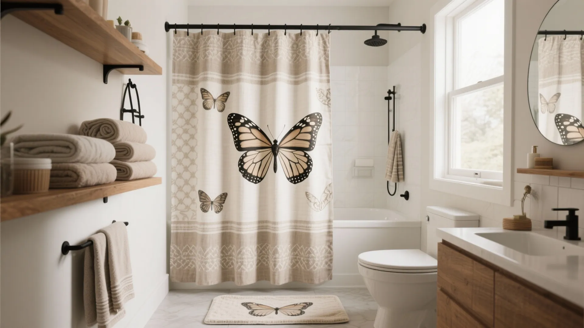 Complete bathroom interior with a butterfly pattern curtain wooden shelves white toilet and vanity unit