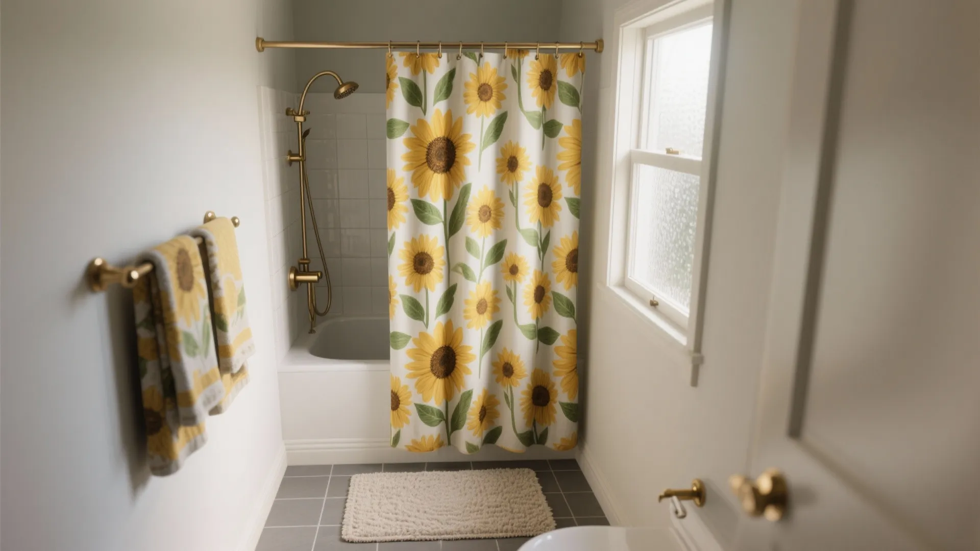 1. Sunflower Shower Curtain and Layered Textiles