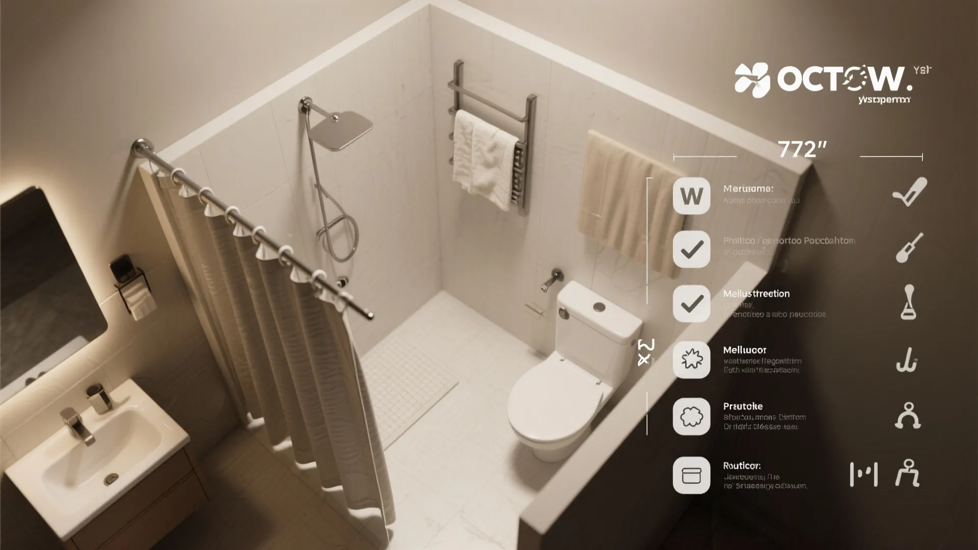 Top-down infographic-style bathroom layout showing curtain size guidance, mildew tips, and hook recommendations.