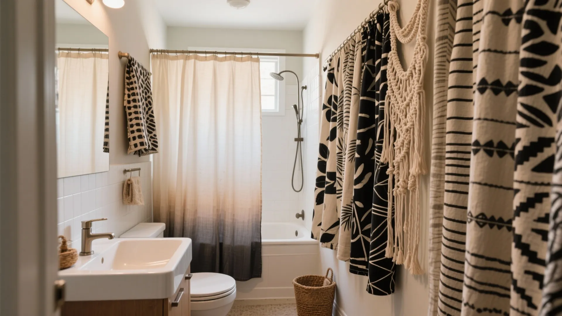 Small bathroom showing multiple shower curtain styles including ombre and black and white pattern designs