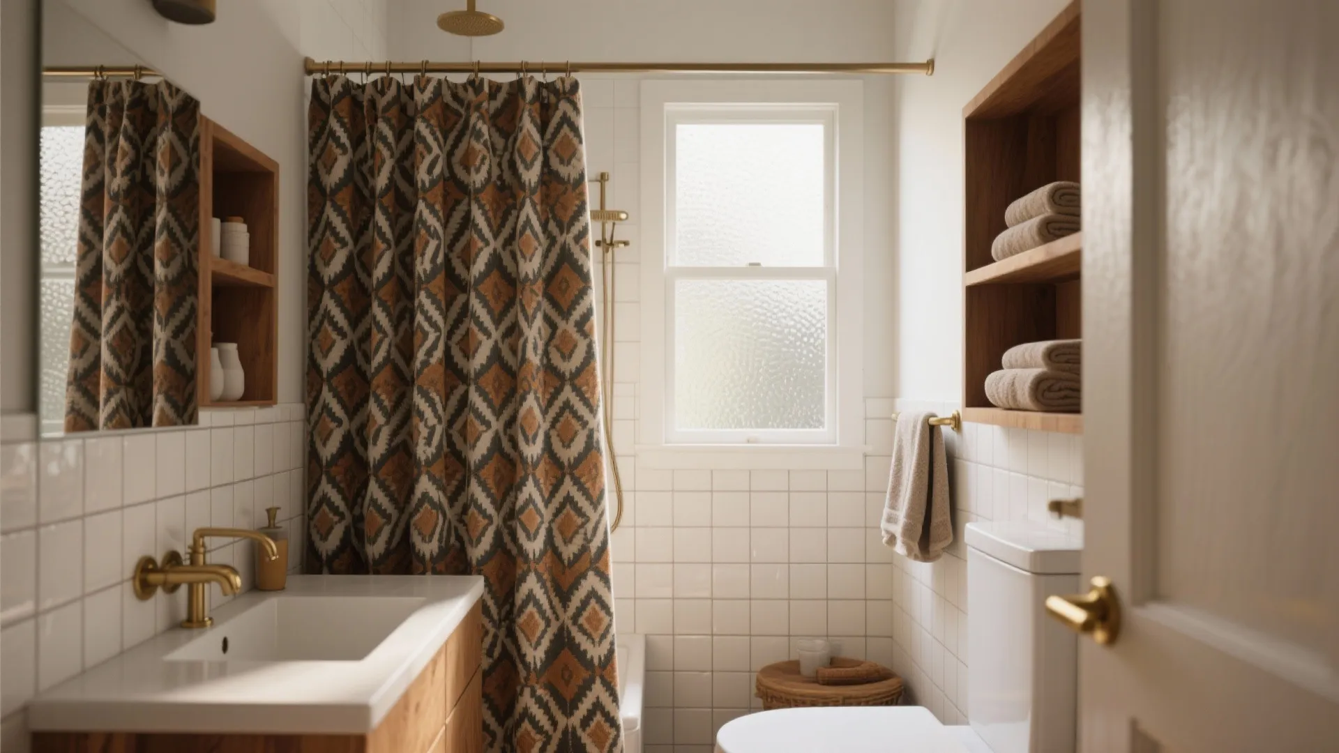 Modern bathroom featuring geometric pattern curtain gold light fixture white tile wall and wooden shelf storage
